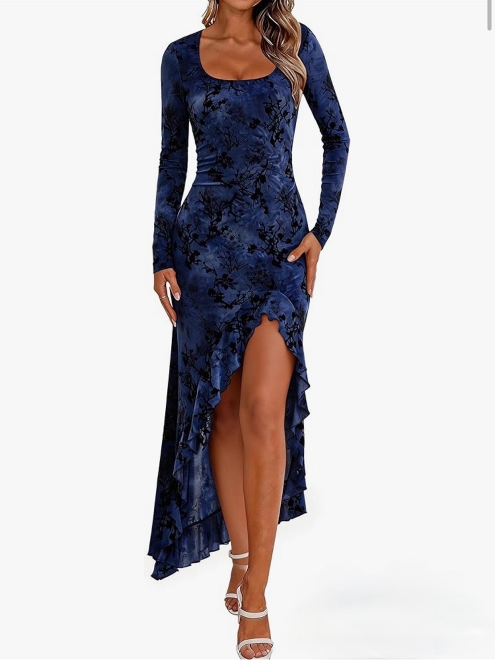 Women's Square Neck Long Sleeve Maxi Dress Floral Bodycon Dress Size Small